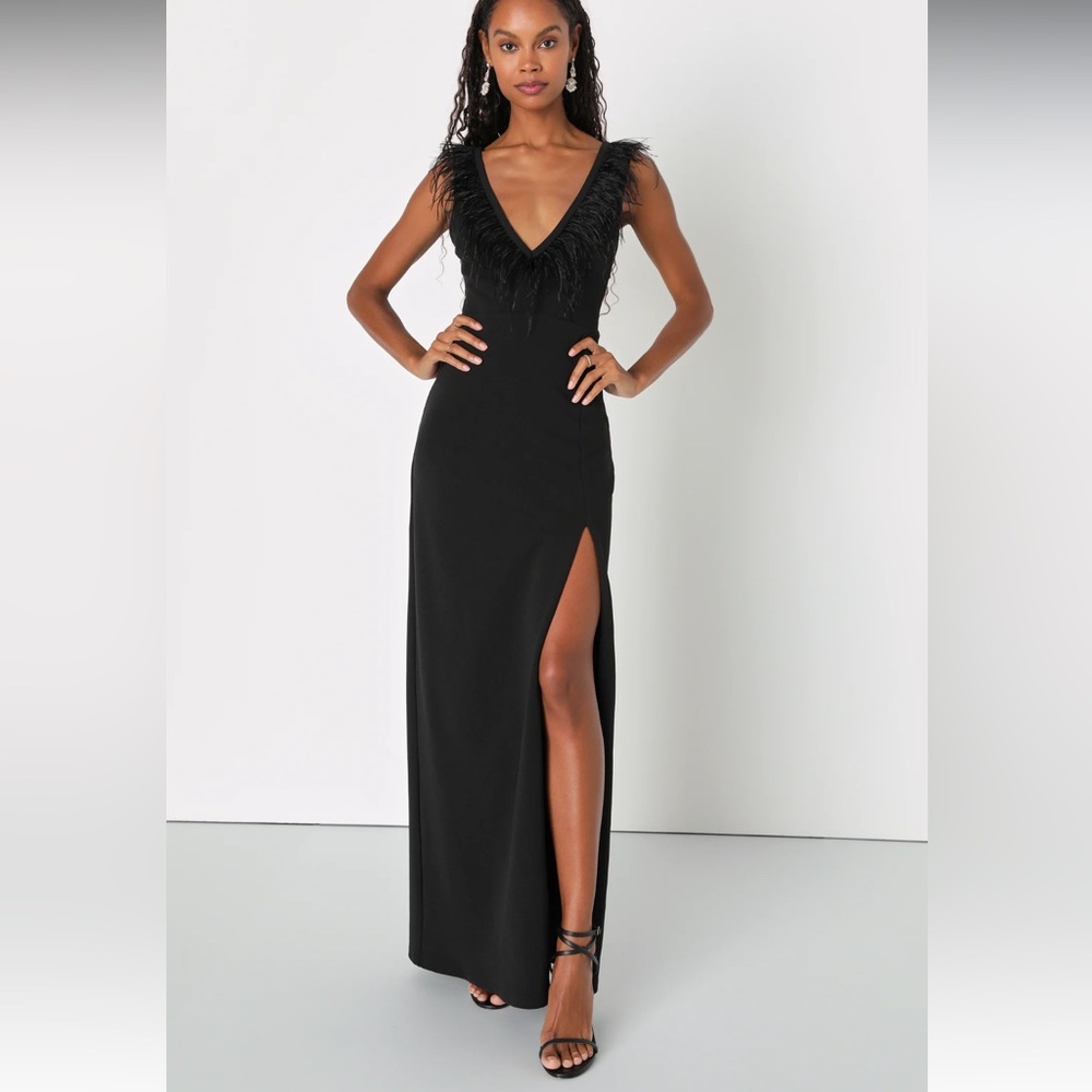 Lulu's Black Maxi Dress with Feather Trim Medium